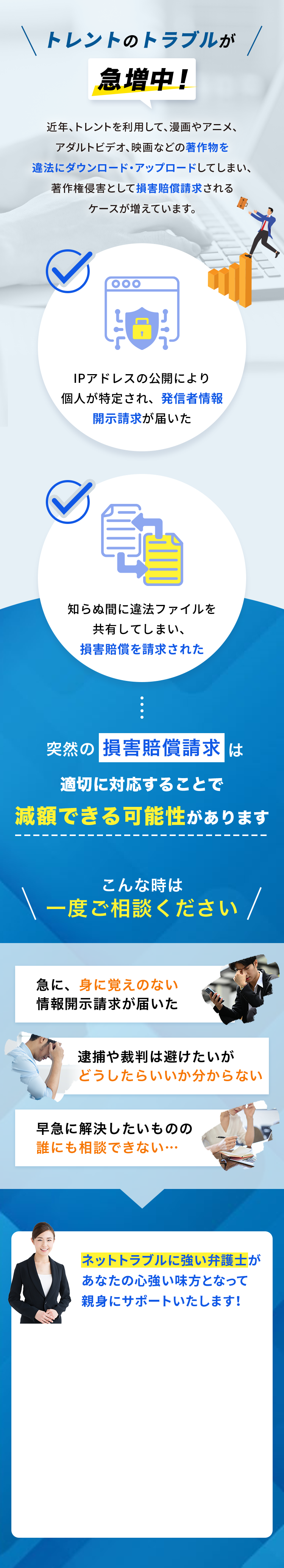 トレントのトラブルが急増中! 近年、トレントを利用して、漫画やアニメ、アダルトビデオ、映画などの著作物を違法にダウンロード・アップロードしてしまい、著作権侵害として損害賠償請求されるケースが増えています。 IPアドレスの公開により 個人が特定され、発信者情報 開示請求が届いた 知らぬ間に違法ファイルを共有してしまい、損害賠償を請求された 突然の損害賠償請求は適切に対応することで減額できる可能性があります こんな時は一度ご相談ください 急に、身に覚えのない情報開示請求が届いた 逮捕や裁判は避けたいがどうしたらいいか分からない 早急に解決したいものの誰にも相談できない